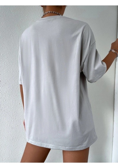 Flood Of Style Kadın Çizgili Figür Oversize Boyamalı Gri T-shirt