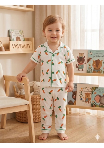 Pamuklu Kruvaze Yaka Önden Düğmeli Havuç Desenli Mevsimlik Alt Üst Pijama Takım Beyaz