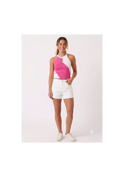 Onno Style Women Askılı Kolsuz Halter Yaka Triko Kadın Bluz Pembe