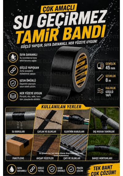 Çok Amaçlı Su Geçirmez Sızdırmaz Dayanıklı Izolasyon Siyah Tamir Bandı 45 Mm 8 Mt 1 Adet Güçlü