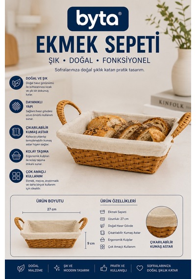 Hasır Ekmek Sepeti 27 Cm Kumaş Astarlı Kulplu Dikdörtgen Servis Ve Sunum Sepeti Kahverengi