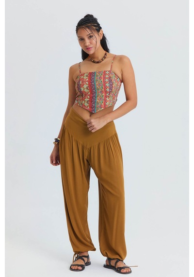 Rahat Kesim Paçası Büzgülü Kadın Yüksek Bel Pantolon Camel