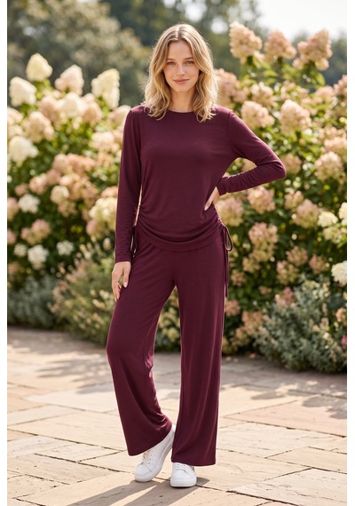 Soulshae Kadın Dabıl Örme Bisiklet Yaka Uzun Kollu Yanı Büzgülü Bluz Pantolon Takım Bordo