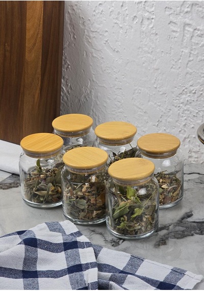 Cam Kavanoz Seti - 6'lı Bambu Kapaklı Kavanoz Takımı - 12 Parça, 250 Ml