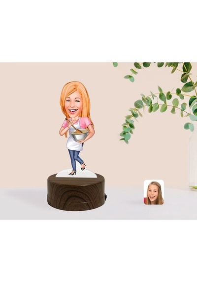 Kişiye Özel Kadın Chef Karikatürlü Dekoratif 3D Biblo Led Işıklı (481495961)