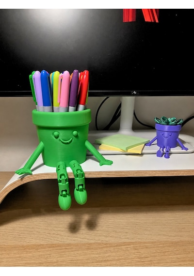3d Baskı Hareketli Gülen Kalemlik - Eklemli Masaüstü Organizer - Yeşil Çok Renkli