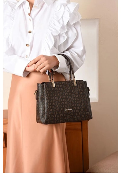 Just Polo Kadın Baskılı Ayarlanabilir Askılı Shopper El & Omuz Çantası Shoulder Bag Kahverengi