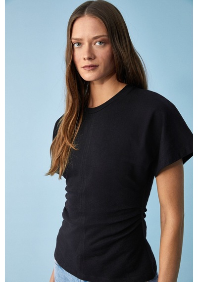 Ethıquet Nexus Kadın Regular Fit Bisiklet Yaka Büzgü Detaylı Siyah T-shirt
