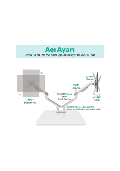 Std49024w Elysium 17-32 Çift Monitör Kolu, Ultra İnce Alüminyum Amortisörlü Stand, 2x9kg Vesa Tutucu, Beyaz