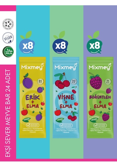 Mixmey Ekşi Sever Meyve Barı – 24 Adet | Atıştırmalıklar – Vegan, Glutensiz (20GR X 24 ADET)