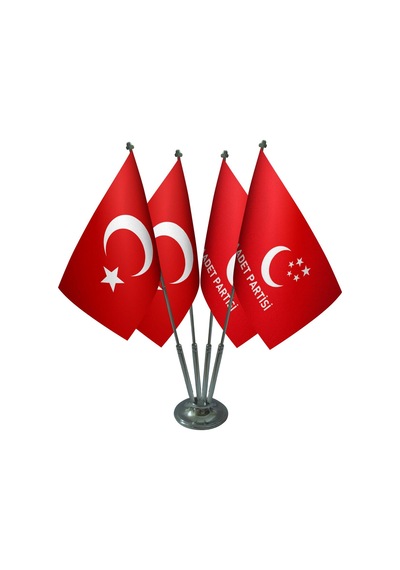 Masa Üstü Saadet Partisi Bayrağı Türk Bayrağı Dörtlü Krom Direk M