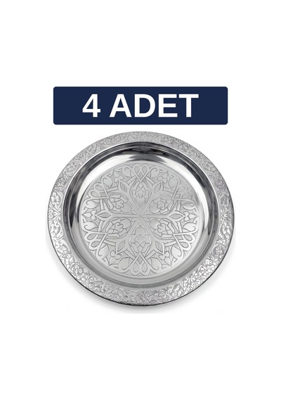 Binbir Trend 18 Cm İşlemeli Kenarlı Otantik Desenli Krom Çelik Meze Ve Servis Tabağı 4 Adet