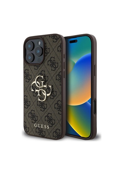 Apple Uyumlu iPhone 16 Pro Kılıf Guess Lisanslı Pu Deri 4g Desen Metal Büyük 4g Ve Yazı Logolu Kahverengi