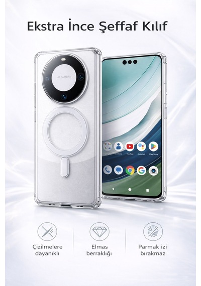 Huawei Mate 60 Pro Uyumlu Kamera Korumalı Magsafe Wireless Şarj Özellikli Lüks Şeffaf Silikon Telefon Kılıfı Şeffaf