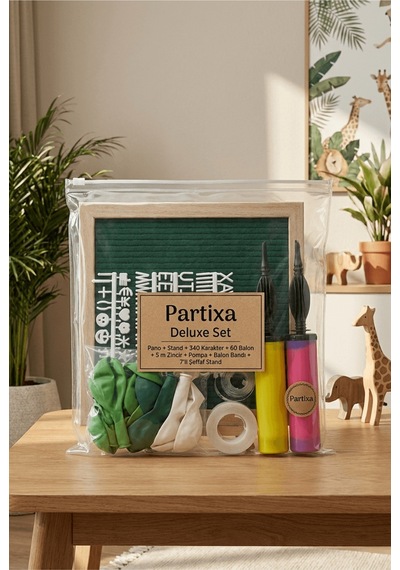 Safari Jungle Doğum Günü Süsleme Deluxe Set Keçe Yazı Panosu Standlı Pompa Balon Zincirli 7 Li Şeffaf Balon Standlı 3+ Yaş