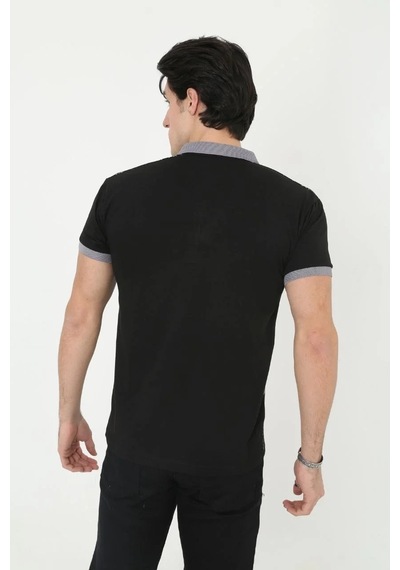 Erkek Polo Yaka Tişört Slim Fit Baskılı Kısa Kol T-shirt - Siyah