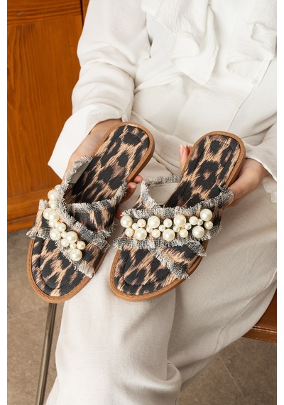 Dabab Shoes Mırella Kadın İncili Hasır Dokulu Animal Desenli Leopar Düz Şık Terlik