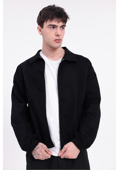 Erkek Gabardin Kumaş Fermuarlı Oversize Beli Lastikli Mevsimlik Ceket-265 Siyah