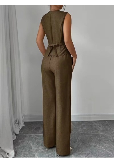 Defymoda Kadın Askılı Önden Düğmeli Bluz Ve Pantolon Keten Ikili Takım Kahve