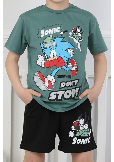 Sonic Baskılı Erkek Çocuk Şortlu Takım-90356 Yeşil