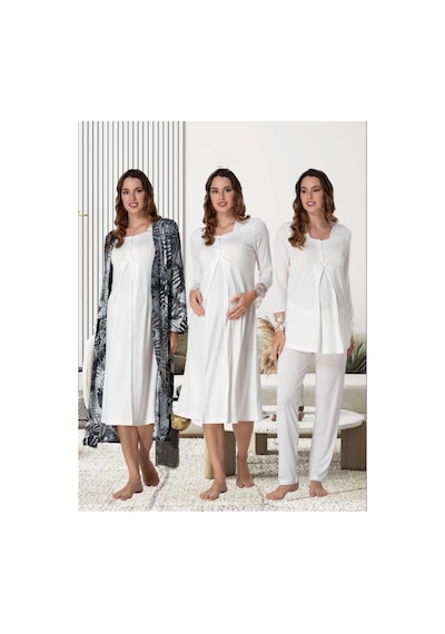 Effortt Dvina Lohusa Hamile Gecelik, Sabahlık Ve Pijama Takımı Komple Set - 4'lü Takım - Ekru Ekru
