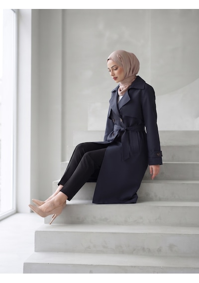 B.he.z Kruvaze Yaka Bondik Su İtici Kumaş Astarlı Trend Model Diz Altı Trençkot Lacivert