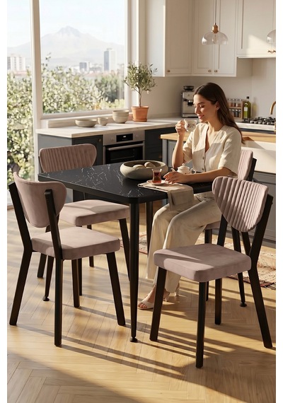 Estro Serisi Mdf Sabit 90x90 Siyah Mermer Desen Mutfak Masası Takımı 4 Adet Sandalye Siyah Mermer - Cappucino Estro Serisi Mdf Sabit 90x90 Siyah Mermer Desen Mutfak Masası Takımı 4 Adet Sandalye Siyah Mermer - Cappucino
