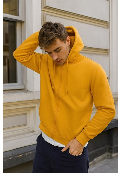 Erkek Fermuarlı Kapüşonlu İçi Polarlı Sweatshirt Sarı