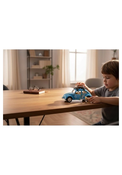 Klasik Işıklı Sesli Metal Araba Mavi Valizli Retro Beetle - 15 Cm