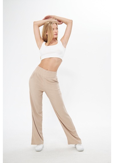 Thiff Gymwear Siyah Beli Lastikli Bol Paça Çift Cepli Yüksek Bel Bürümcük Örme Kadın Pantolon Bej