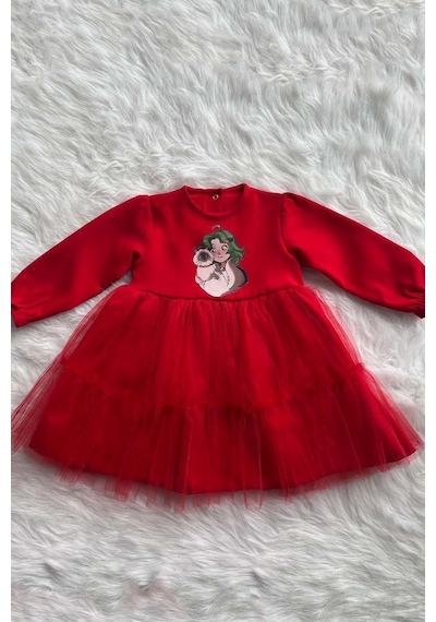 Kedili Kız Şeker Baskı Kız Çocuk Bebek Tül Kırmızı Krep Elbise 001