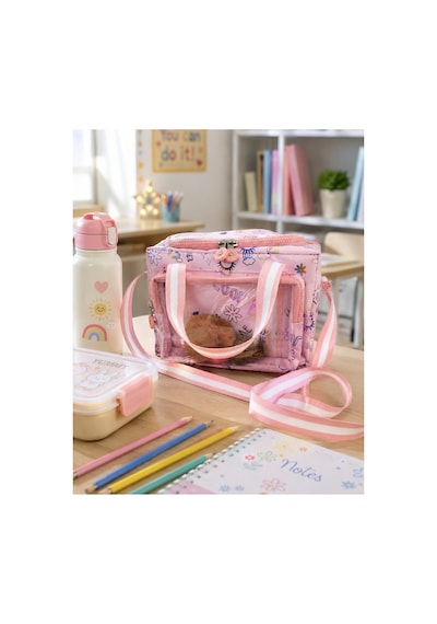Çocuk Termal Okul Beslenme Çantası Şeffaf Cepli Peluş Aksesuarlı Omuz Askılı Lunch Bag Pembe
