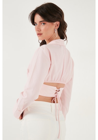 Lela Fitted Fit Pamuklu Korse Detaylı Uzun Kollu Crop Bayan Gömlek 611Go00376 Şeker Pembe