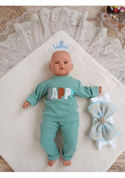 Yenidoğan Kuzulu Taç Nakış Güpürlü Fiyonklu Duvaklı Prizma Taş Unisex Kundak Bebek Battaniyesi Mavi