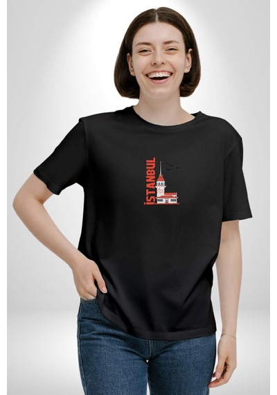 İstanbul Kız Kulesi Türkiye Siyah Oversize Unisex Ön Orta Minimal Baskılı Tişört Siyah