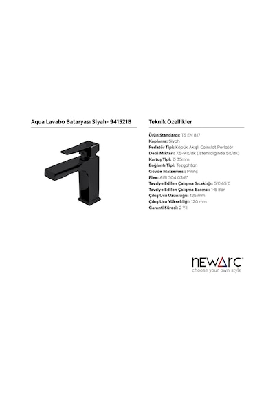 Newarc Aqua Lavabo Bataryası Siyah 941521B