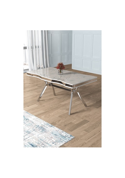 Canisa Prah Serisi 90x160 Lak Panel Beyaz Mermer Desen Krom Ayak Masa Takımı 6 Antrasit Sandalye Beyaz Mermer Desen Masa Sandalyeler Antrasit
