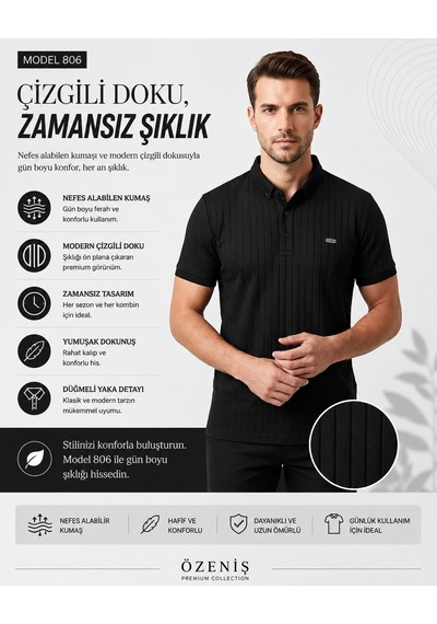 Özeniş Erkek Polo Yaka Slim Fit Çizgili Desen Kaşkorse T-shirt Siyah Özeniş Erkek Polo Yaka Slim Fit Çizgili Desen Kaşkorse T-shirt Siyah