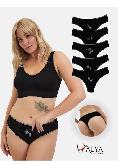 Alya Underwear Kadın Bato Tanga Pamuklu Külot, Büyük Beden String, 5'li Paket- 2 Siyah, 1 Beyaz, 2 Ten Siyah P13