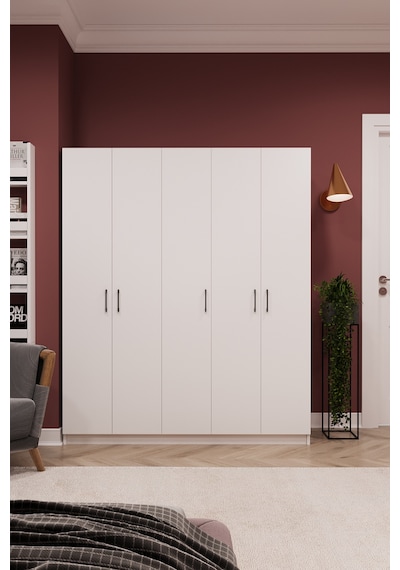 Asra Trend 5 Kapaklı Gardırop G-09 %100 MDF Çift Katlı Askılı Elbise Dolabı Beyaz