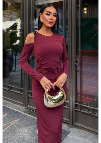 Lijuri Omuz Aksesuarlı Ve Dekolteli Drape Elbise 2912 R5-e-k3 Mürdüm Lijuri Omuz Aksesuarlı Ve Dekolteli Drape Elbise 2912 R5-e-k3 Mürdüm