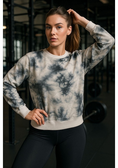 Kadın Batik Desen Bisiklet Yaka Renkli Oversize Relaxed Uzun Kollu Sweatshirt Gri