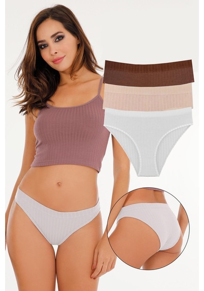 Sensu Kadın Fitilli Soft Renkler 3'lü Slip Külot Set - Kts4053 Kahve Yeşil