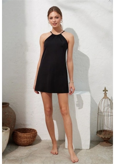 Pierre Cardin Kadın Düz Siyah Slip Alt Halter Yakalı Elbise Mayo Siyah