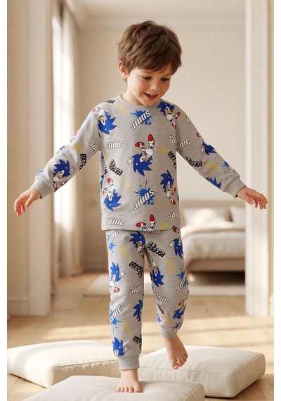 Zuzunga The Hedgehog Super Sonic Desenli %100 Pamuk Gri Renk Erkek Çocuk Pijama Takımı