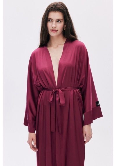 Frappant Bordo Uzun Saten Sabahlık / Kimono Bordo