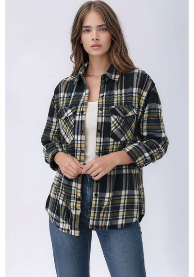 Mamayaga Kadın Desen Bloklu Oduncu Oversize Bol Ve Geniş Kalıp Casual Cepli Yakalı Ceket Gömlek Antrasit
