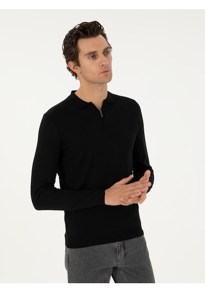 Cacharel Siyah Regular Fit Yün Karışımlı Fermuarlı Polo Yaka Basic Triko Kazak