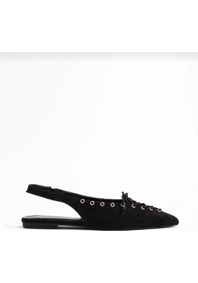 Dadwolf Kadın Süet Bağcıklı Slingback Babet Sivri Burun Arkası Açık Günlük Ayakkabı Siyah Süet