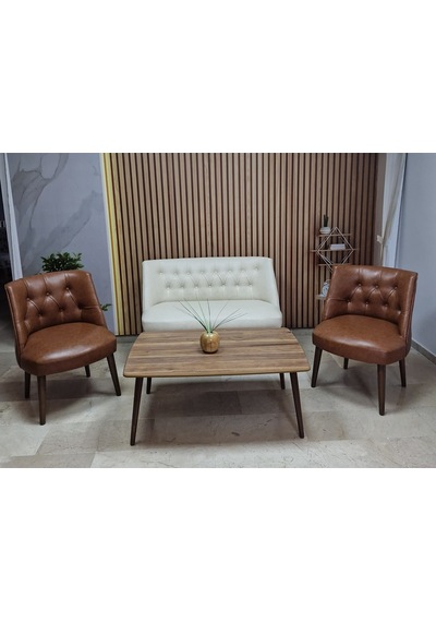 Azra Mobilya Deri Çay Seti Koltuk Takımı + Sehpa - Oturma Grubu - Cafe Mobilya - Ofis Mobilya - Balkon Mobilya Krem-taba
